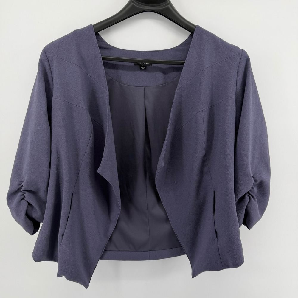 Torrid Blazer Womens 1 Purple Open Front Ruched 3/4 Sleeve‎ Draped Crepe Jacket
